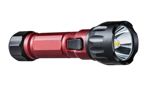 Red metal flashlight with black grip and switch