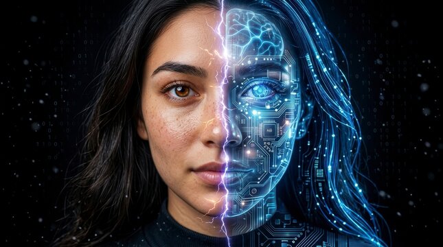 Half human half robot woman face representing artificial intelligence and future technology