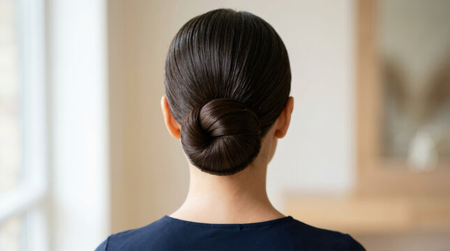 Back view of a woman with a sleek low bun hairstyle. Elegant dark brown chignon updo close up