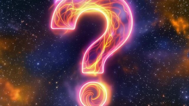 Glowing neon question mark symbol made of fire and plasma against a deep space background with stars and nebula 4k video