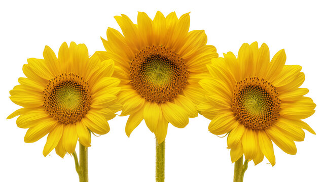 Three bright yellow sunflowers with textured brown centers