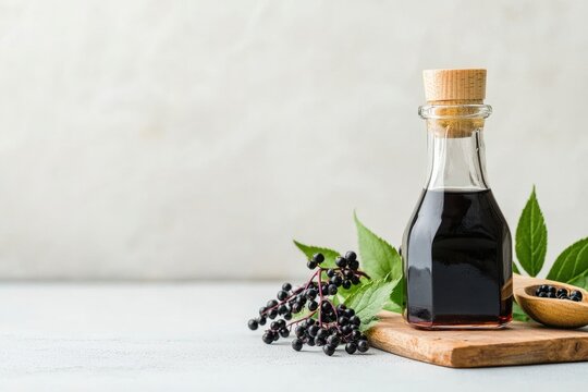 Elderberry syrup bottle with fresh berry and green leaf on wooden board, natural immune support food and herbal remedy