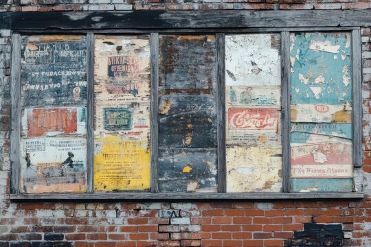 Brick wall with faded poster panels and weathered wood frame, urban vintage texture with peeling paint and distressed surface