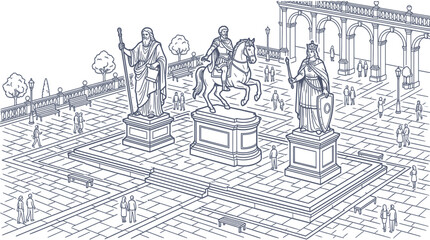 Historic Square with Statues and Arches - Drawing Style © Soheh