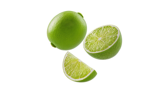 Whole and sliced green limes with juicy pulp
