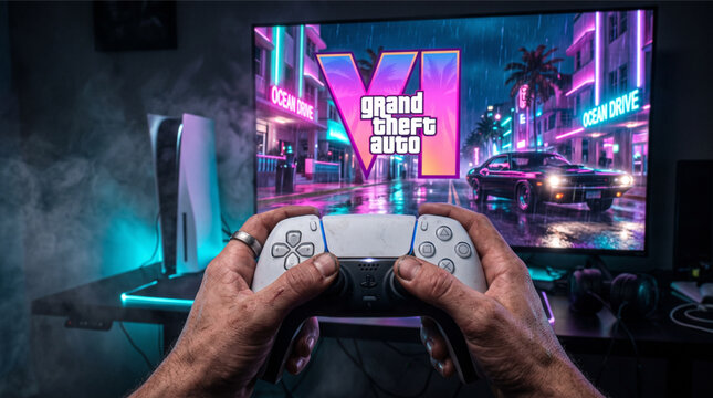 Point of view playing Grand Theft Auto VI (GTA 6) video game on Playstation 5 console with DualSense controller. Rockstar Games upcoming title logo on 4K TV screen in neon gaming room setup mockup.