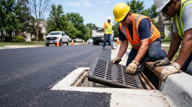 Construction workers inspecting storm drain grate on paved road