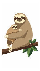 Fototapeta premium Cute Sloth Family Sitting on Branch with Green Leaves Illustration