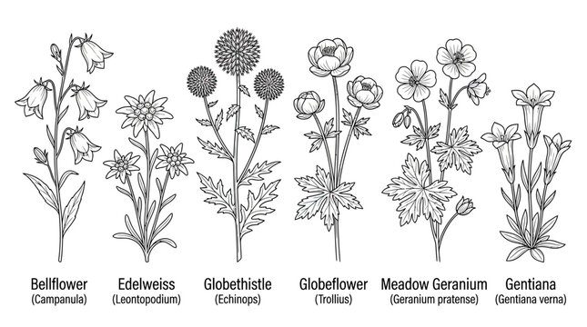 Vintage Botanical Illustrations of Alpine Flowers: Bellflower, Edelweiss, Globethistle, Globeflower, Geranium, Gentiana