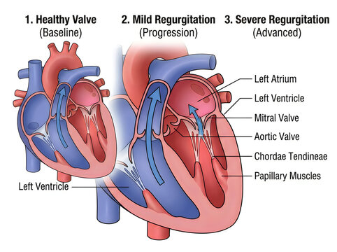 Heart showing mitral valve regurgitation stages isolated on white background