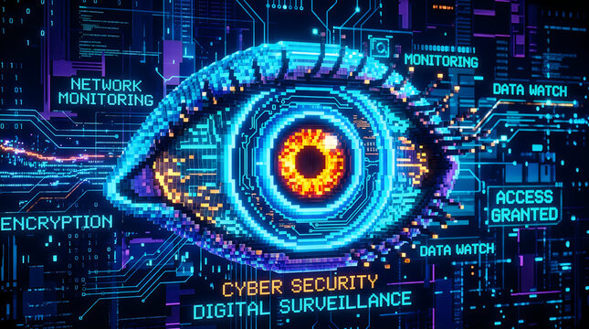 Digital surveillance concept with glowing neon pixelated eye on futuristic circuit board background.
