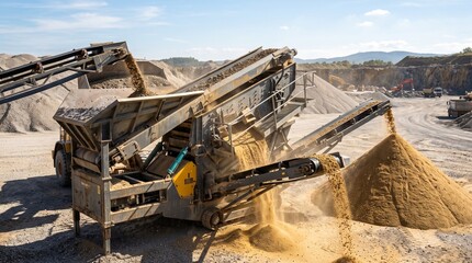 Fototapeta premium Industrial mobile screening machine processing gravel in open pit quarry