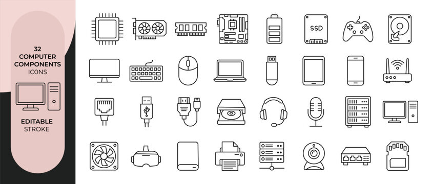 Computer Components Outline Icon Set Editable Stroke Vector