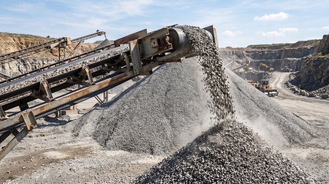 Industrial conveyor belt discharging crushed stones in open-pit quarry