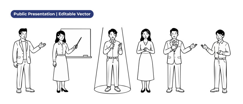 Nervous public speakers presentation stage fright vector. Anxious business people sweating while giving a speech under spotlight and whiteboard. Line art character set for public speaking anxiety set.