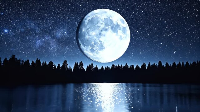 Full moon shines over a dark forest and reflective lake under a starry night