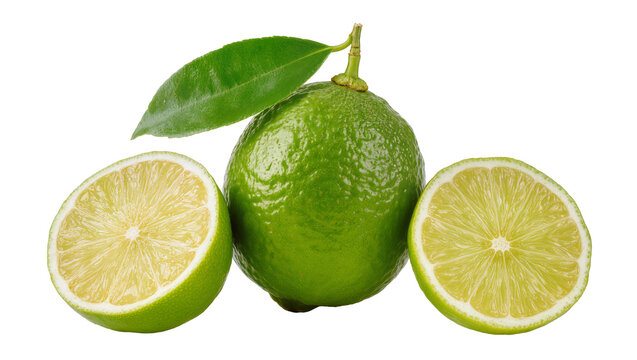 Whole green lime with two halves and a leaf