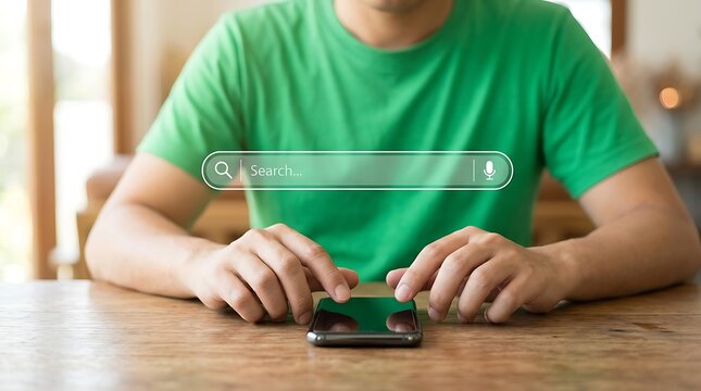 Young man in green shirt using smartphone with search bar hologram above device, modern technology concept
