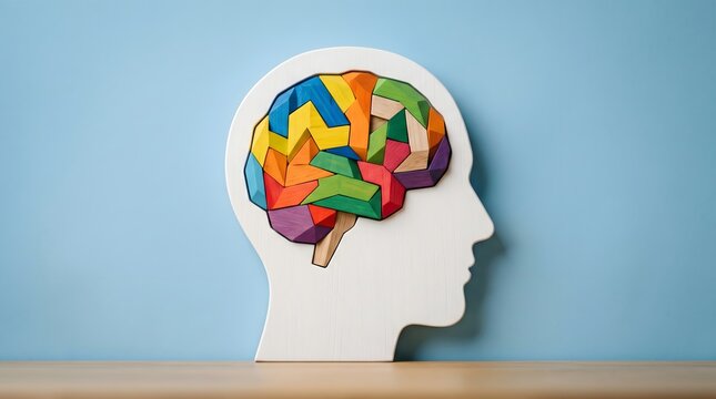 Colorful geometric brain puzzle inside wooden head profile concept