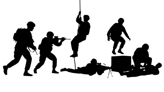 Soldiers training with ropes and equipment isolated on transparent background, Vector