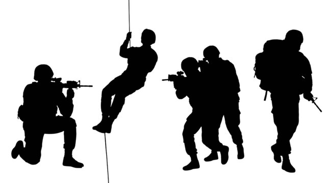 Soldiers in combat action silhouette style isolated on transparent background, Vector