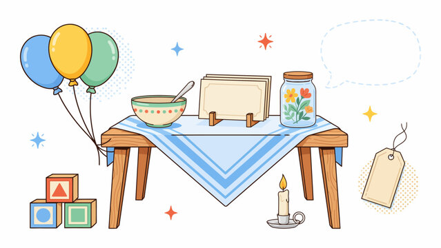 Colorful cartoon table with balloons blocks candle and kitchen items on white background