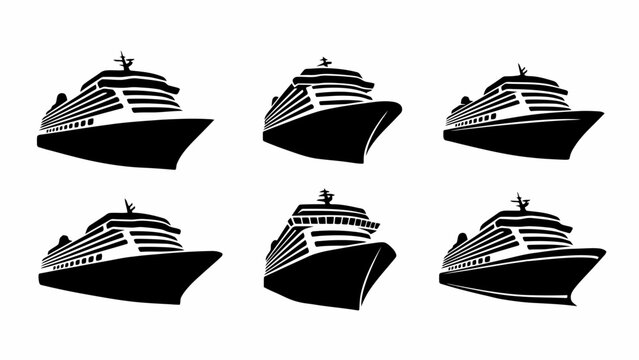 Six black silhouettes of cruise ships on white background  various angles