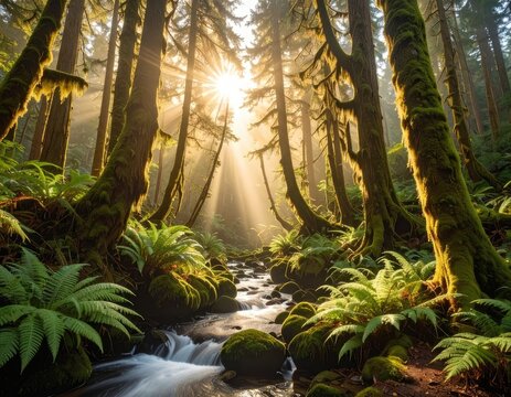 Sunlight streams through a lush, moss-covered forest illuminating a babbling brook.