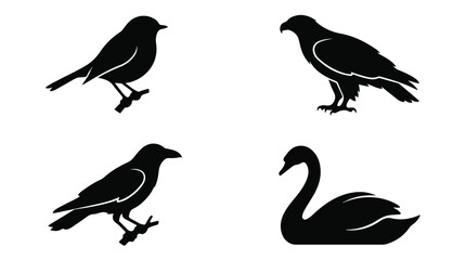 Obraz premium Minimalist bird silhouettes set, black eagle and swan vector icons, 4 wild bird species graphics for nature logos and branding