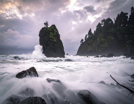 Dramatic ocean waves crash against rocky sea stacks under a moody sky.