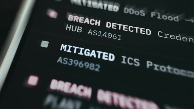 Security threat feed showing detected and mitigated breaches across ICS and firmware environments