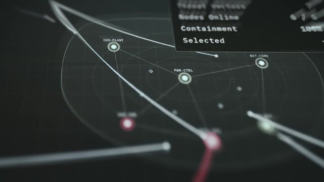 Cybersecurity grid view showing node-level secure and under attack conditions