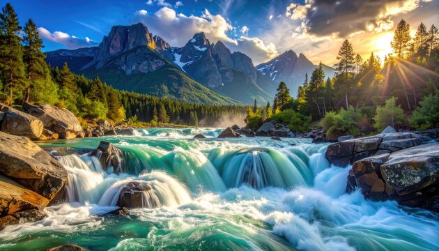 Majestic mountain river cascading through a lush forest at sunset.