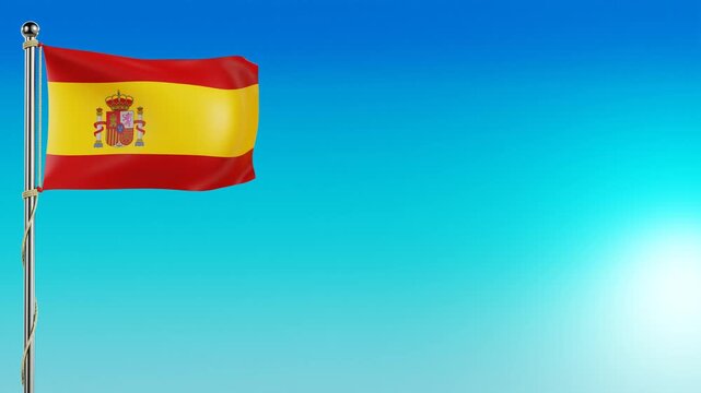 Spain national flag gently waving in the wind, presented as a 4K 3D looping animation against a clear blue sky background. Patriotic projects, travel content, global event, International Sport Event.