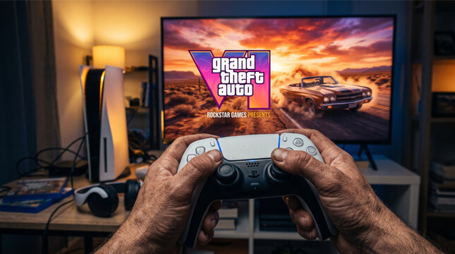 Point of view playing upcoming Rockstar game Grand Theft Auto VI on Playstation 5 console with DualSense controller, GTA 6 logo on 4K television screen, video gaming setup background illustration.