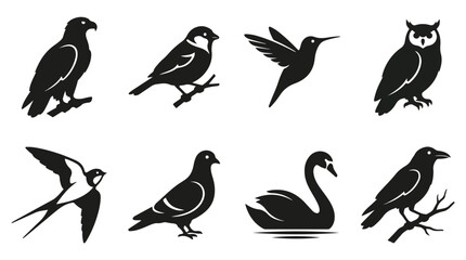 Obraz premium Minimalist bird silhouettes collection, set of 8 black avian icons including eagle owl and swan, flat vector wildlife illustrations for logo design
