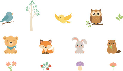 Naklejka premium Cute Woodland Animal Element Set with Cartoon Bear Fox Rabbit Owl Beaver and Birds plus Trees Flowers Strawberries and Mushroom Icons