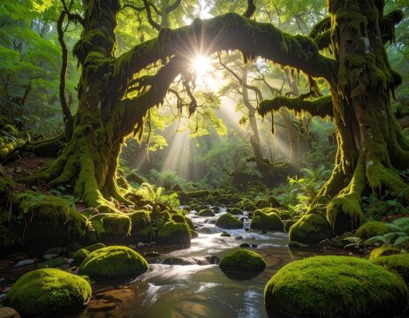 Sunlight filters through ancient, moss-covered trees onto a babbling brook in a lush forest.