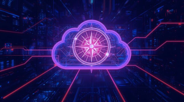 Digital Cloud Computing Concept with Compass Navigation and Data Transfer.
