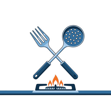 Illustration of crossed metal kitchen utensils including a large fork and a slotted skimmer spoon positioned above a burning gas stove burner on a clean white background.