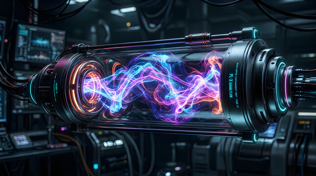 Futuristic glass cylinder containing swirling purple and blue energy in dark laboratory environment.