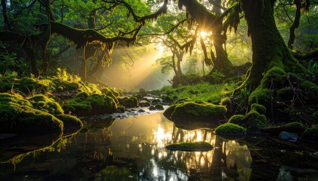 Sunlight streams through a moss-covered forest onto a serene stream.