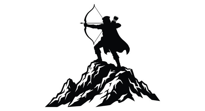Archer with bow and arrow atop mountain peak black silhouette