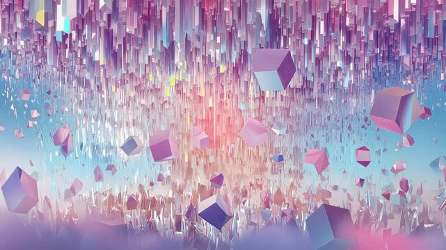 Ethereal abstract 3D digital landscape featuring floating purple cubes and hanging crystalline shards in soft pastel pink and blue hues