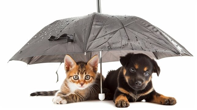 Cute Kitten and Puppy Under Wet Umbrella Isolated on White Background &ndash; Adorable Pet Protection Concept