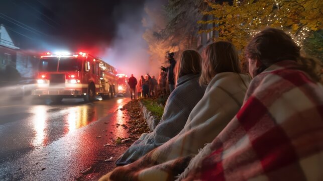 People wrapped in blankets watch firefighters battle a blaze at night. The scene glows with emergency vehicle lights and smoke, capturing a moment of crisis and rescue.