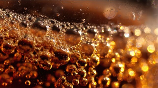 Macro shot of effervescent bubbles in a carbonated soda. Golden bubbles and fizzy foam create a vibrant, refreshing abstract composition.