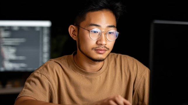 Close-up portrait of a programmer focused on a glowing monitor in a dark workspace. Blue reflections in glasses enhance this ultra-detailed technology scene.