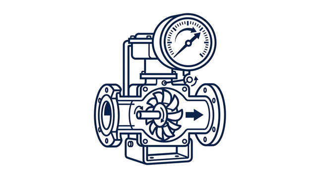 Industrial pump with pressure gauge, cutaway view, schematic drawing