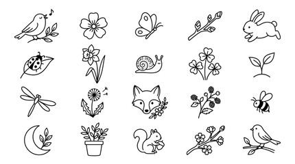 Spring Doodle Icons: Animals, Flowers, Nature Elements - Hand Drawn Vector Set © Sepeda